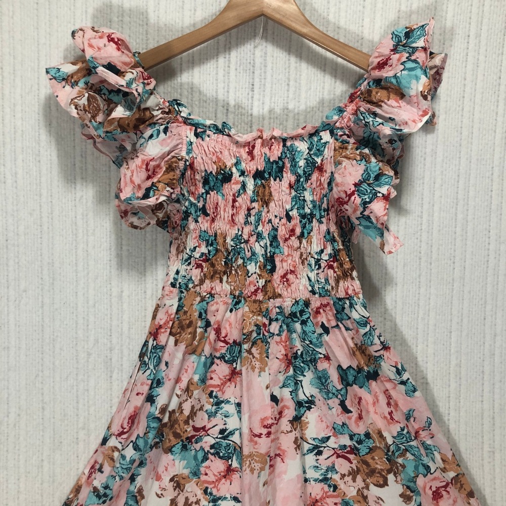 Chic Casual Floral‎ Smocked Off Shoulder Flutter Sleeve Mini Dress Size S